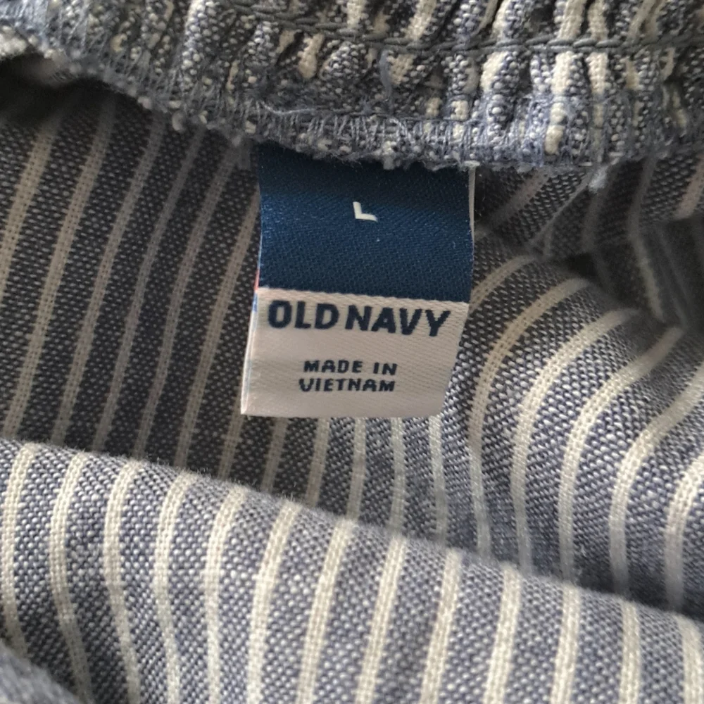 LINEN BLEND wide leg ankle jumper romper one piece stripe smocked coastal Sz L - Picture 7 of 7